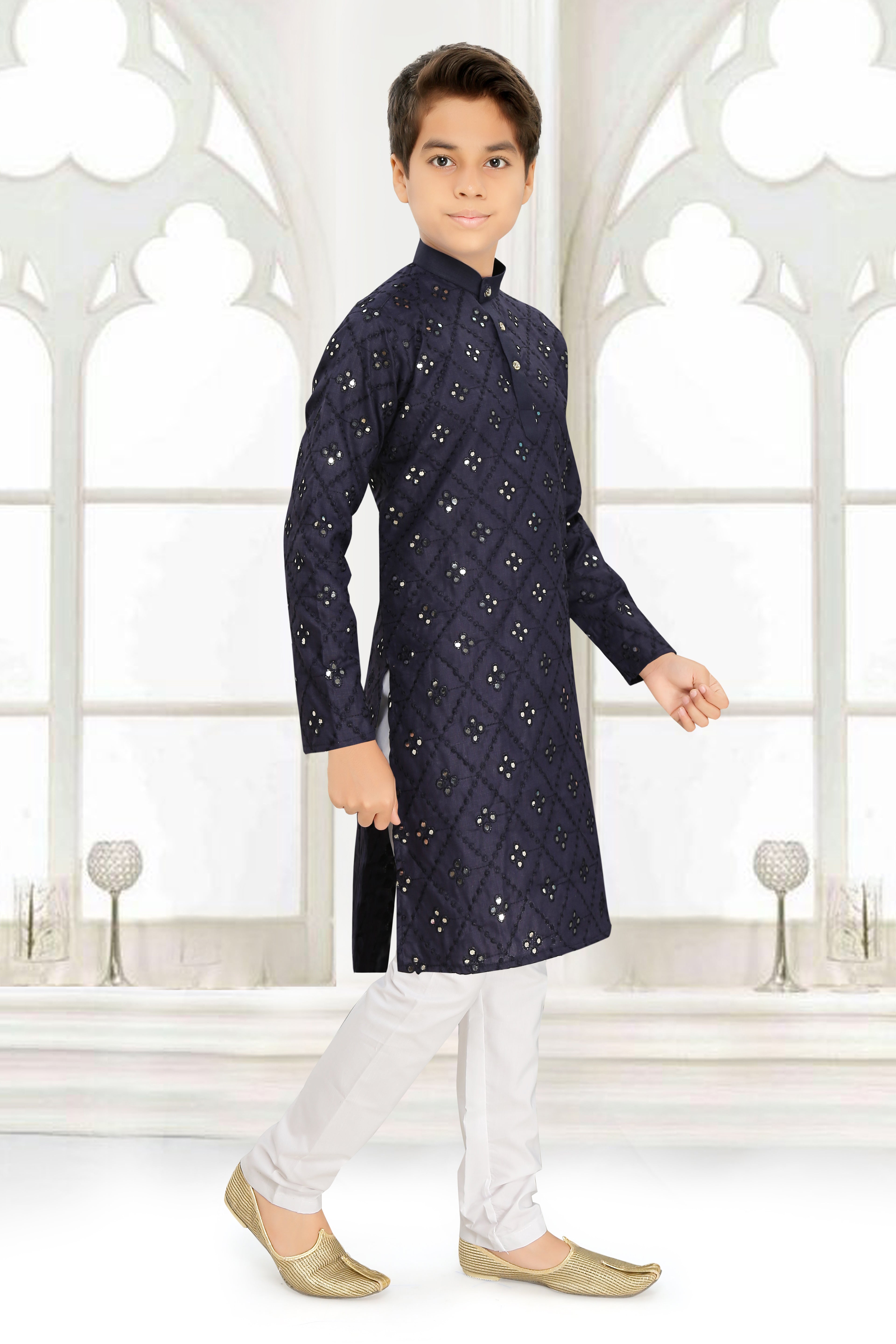 Neera Trendz Blue Cotton Blend Mirror Work Kid's Kurta With Pyjama | Grocsy