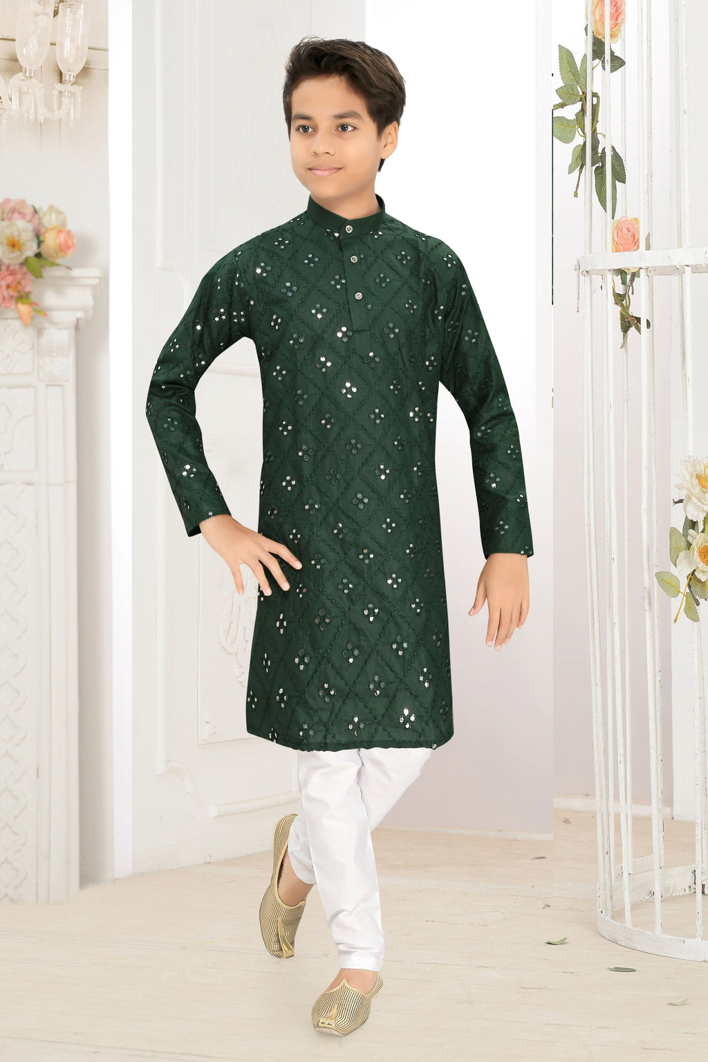 Neera Trendz Green Cotton Blend Mirror Work Kid's Kurta With Pyjama | Grocsy