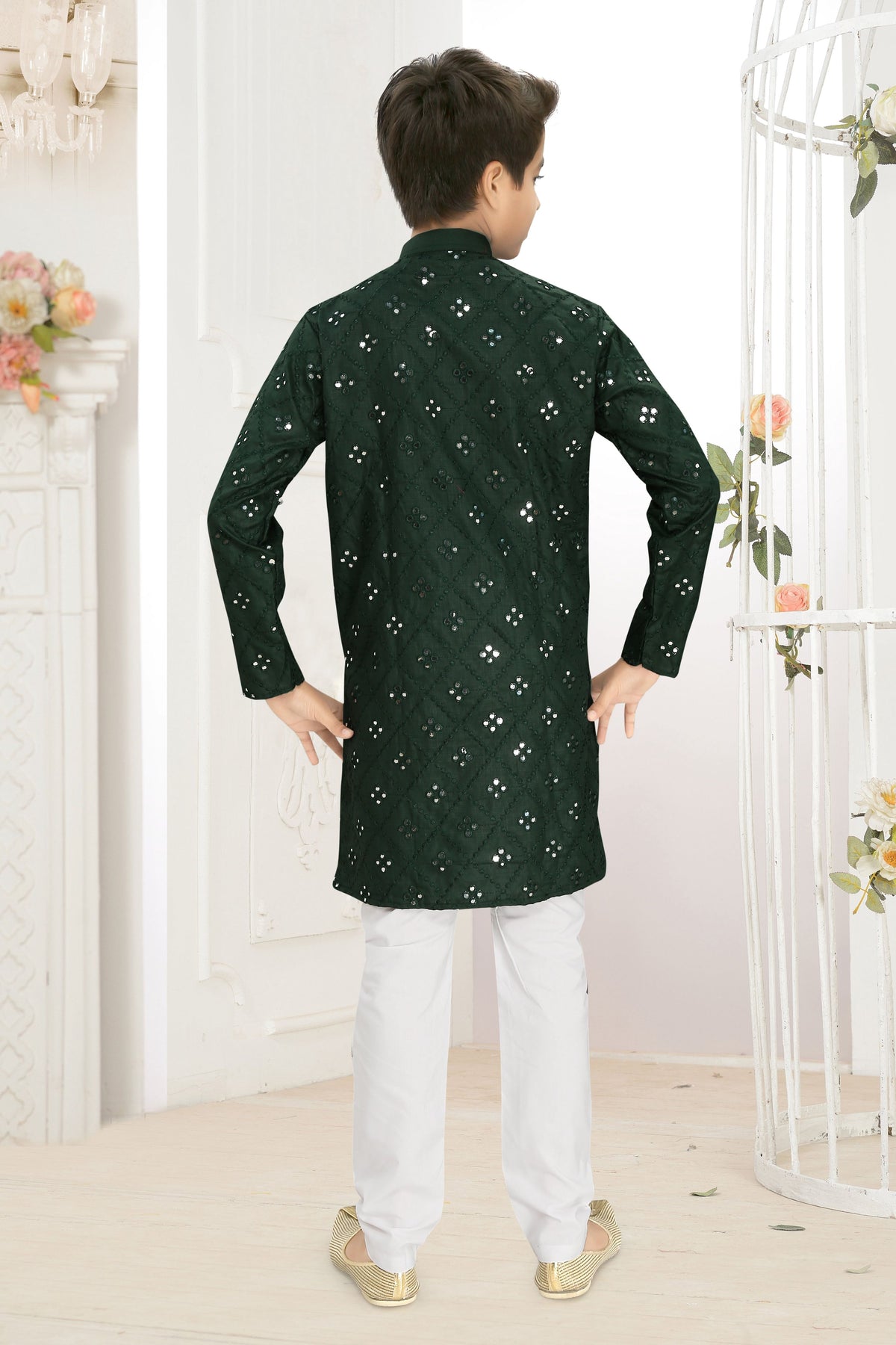 Neera Trendz Green Cotton Blend Mirror Work Kid's Kurta With Pyjama | Grocsy