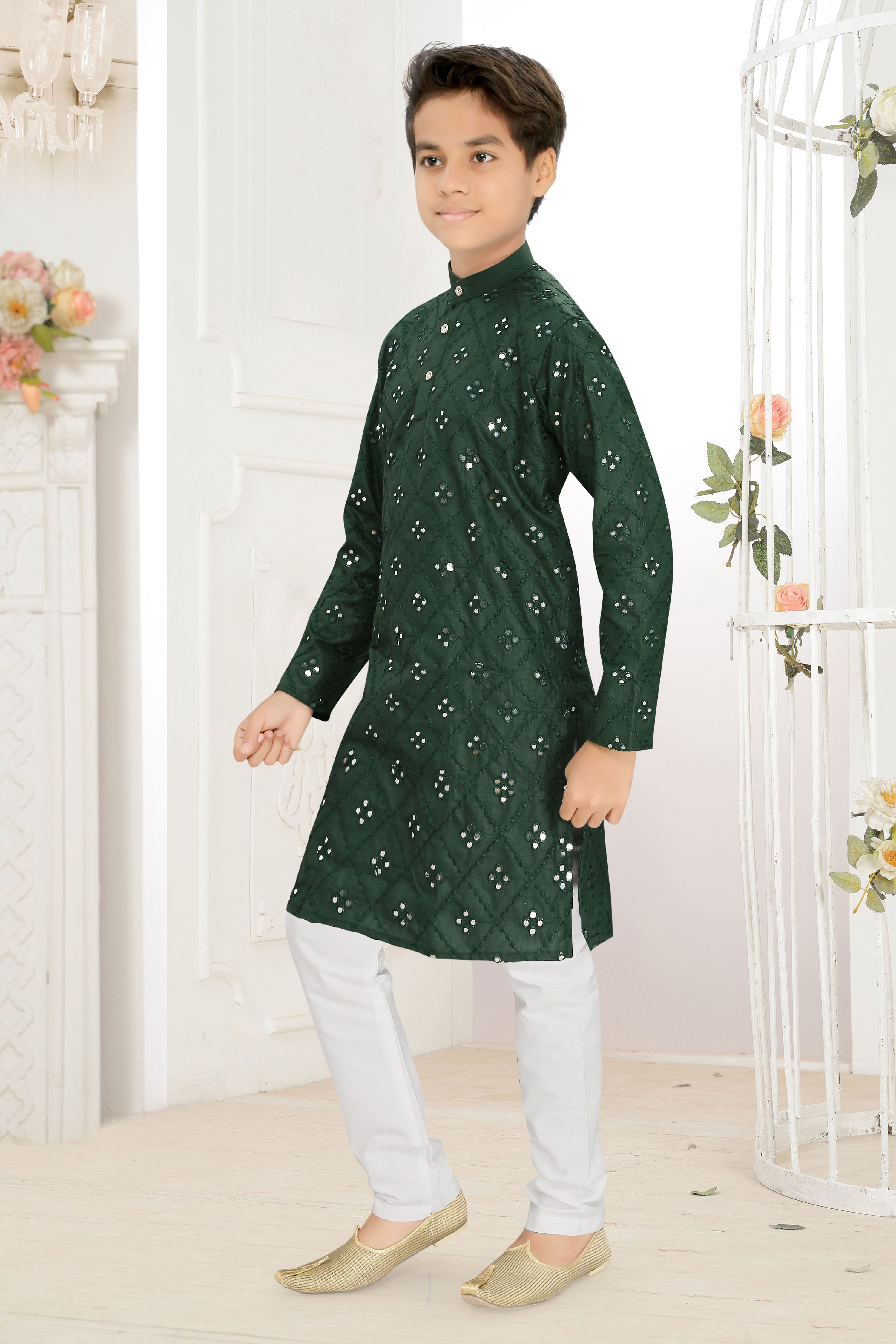 Neera Trendz Green Cotton Blend Mirror Work Kid's Kurta With Pyjama | Grocsy