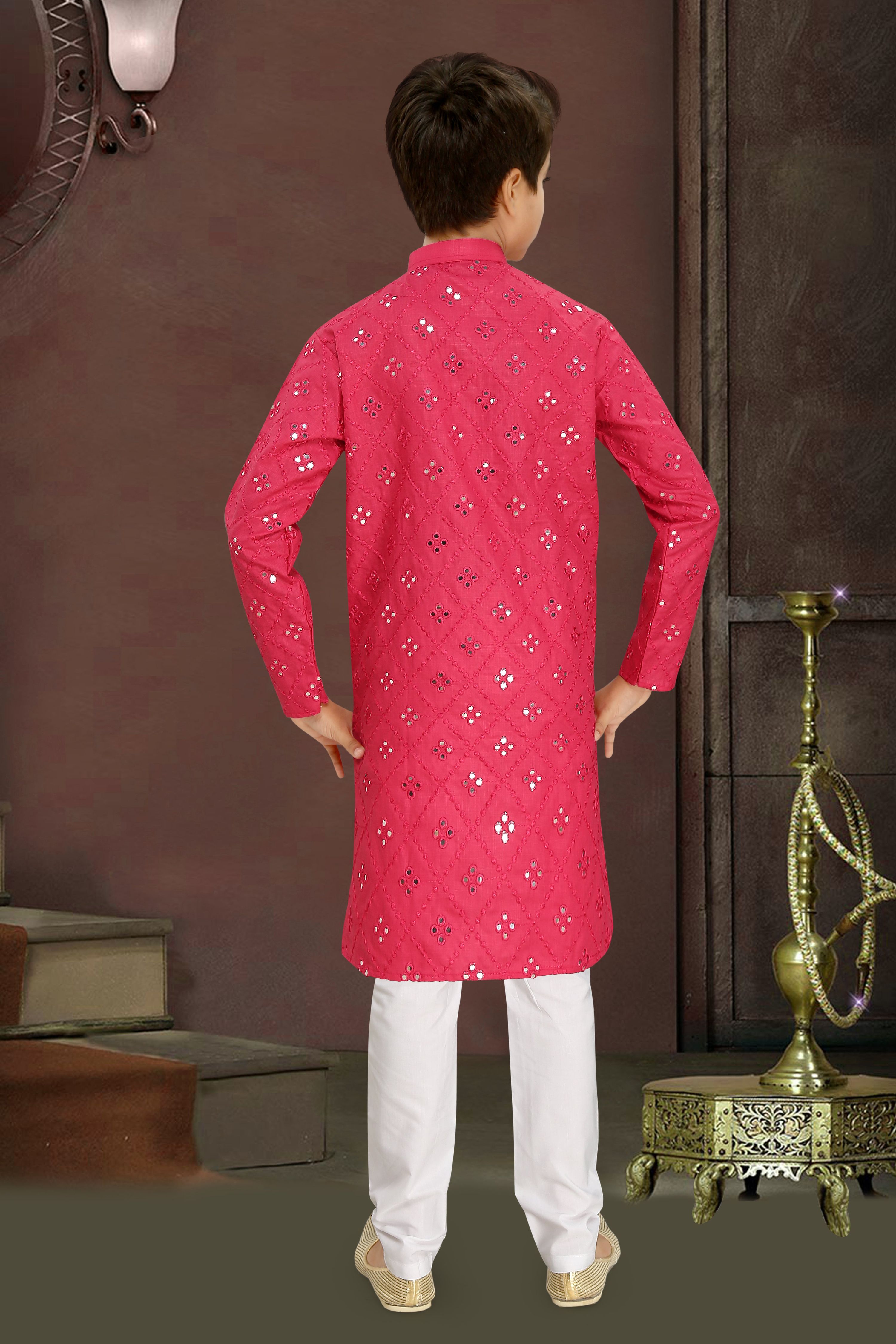 Neera Trendz Pink Cotton Blend Mirror Work Kid's Kurta With Pyjama | Grocsy