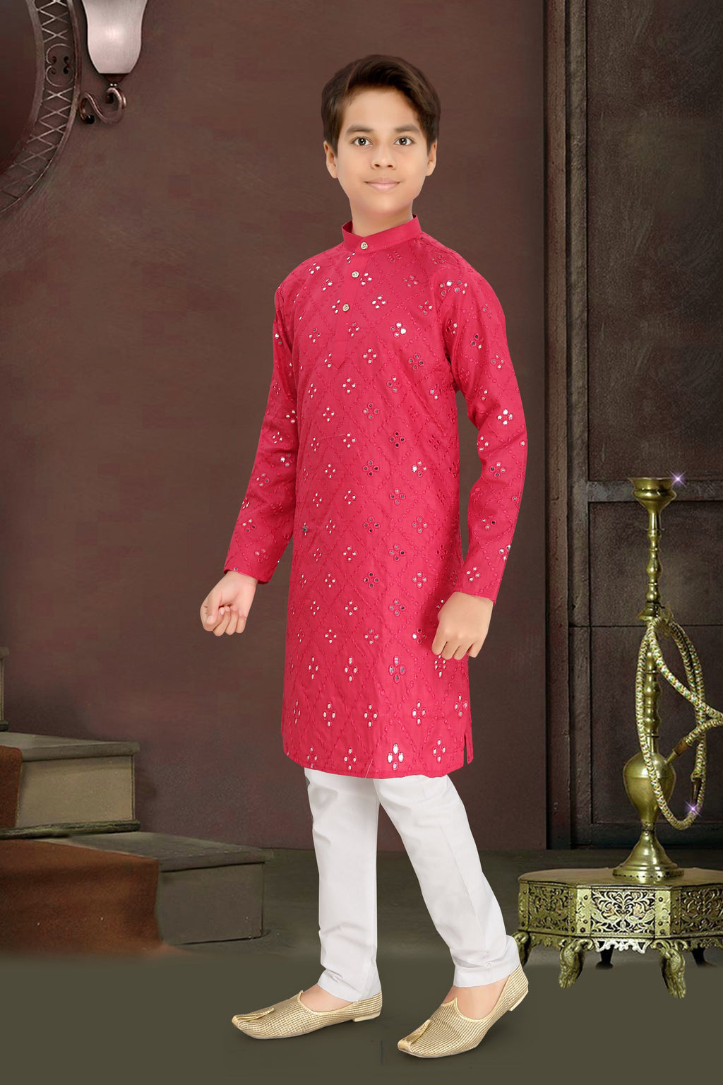 Neera Trendz Pink Cotton Blend Mirror Work Kid's Kurta With Pyjama | Grocsy