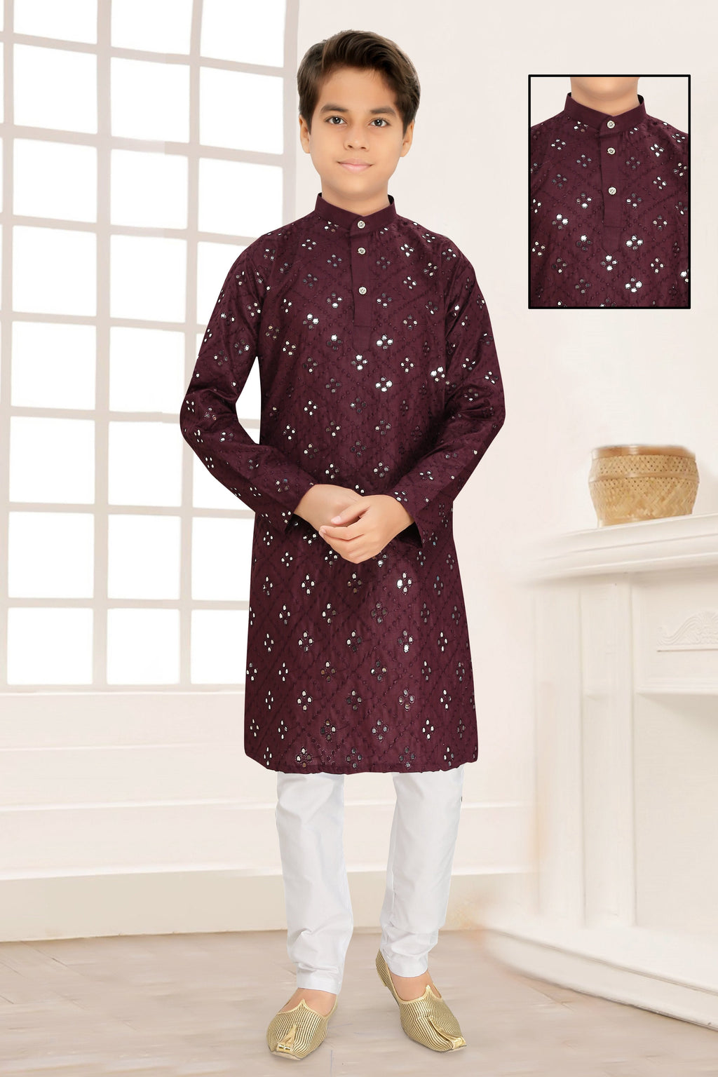 Neera Trendz Wine Cotton Blend Mirror Work Kid's Kurta With Pyjama | Grocsy