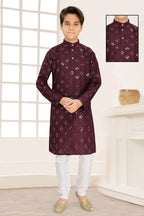 Neera Trendz Wine Cotton Blend Mirror Work Kid's Kurta With Pyjama | Grocsy