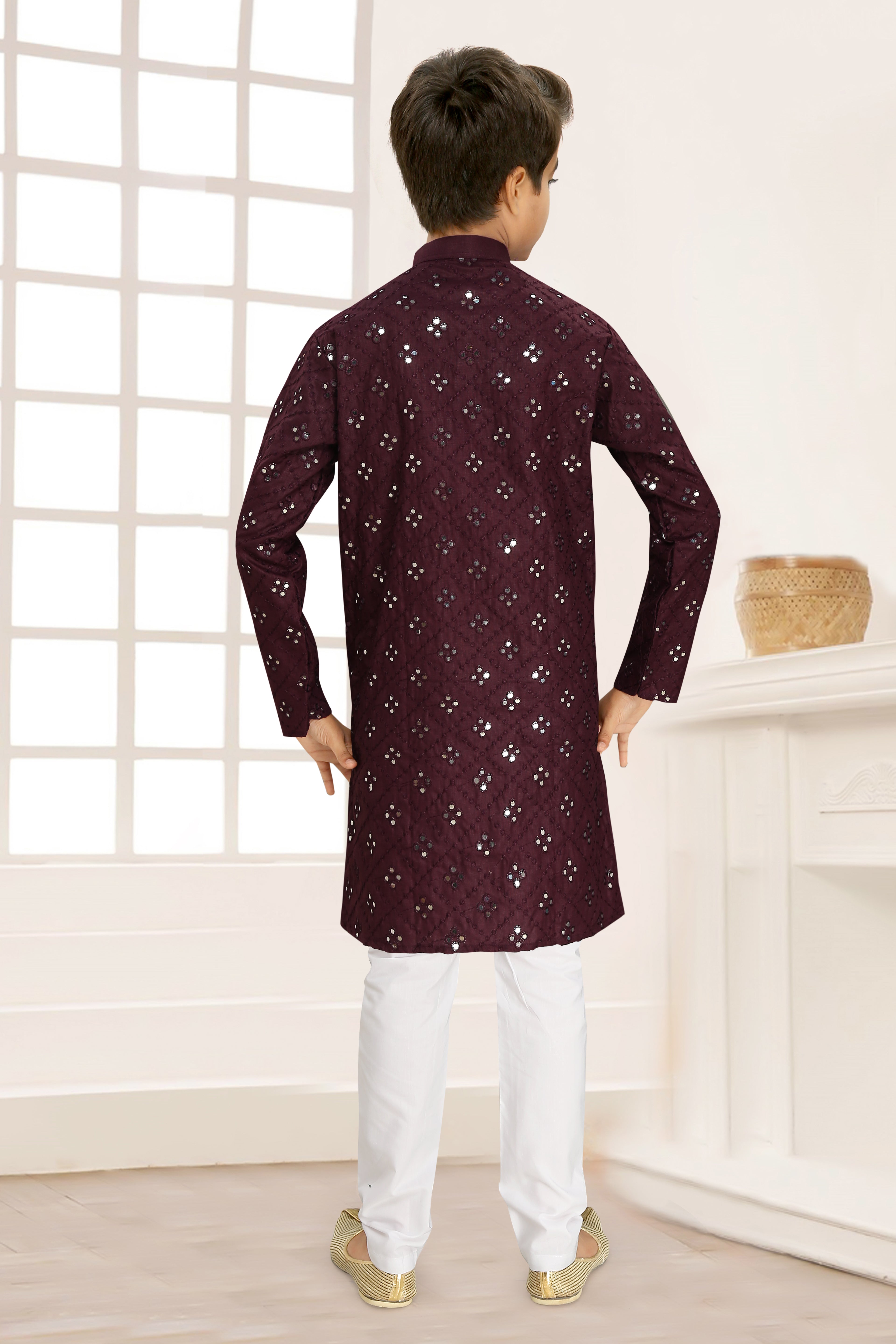 Neera Trendz Wine Cotton Blend Mirror Work Kid's Kurta With Pyjama | Grocsy