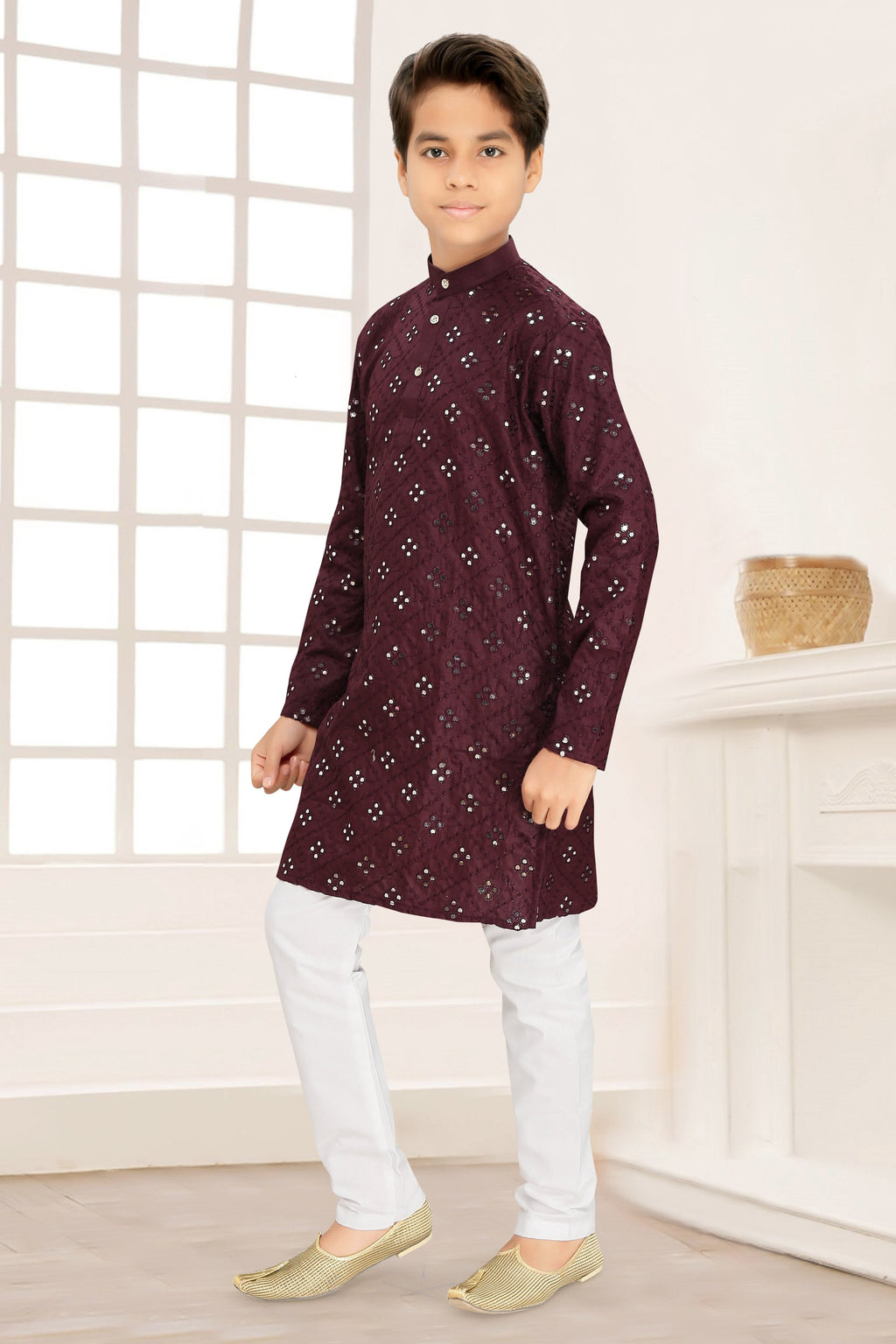 Neera Trendz Wine Cotton Blend Mirror Work Kid's Kurta With Pyjama | Grocsy