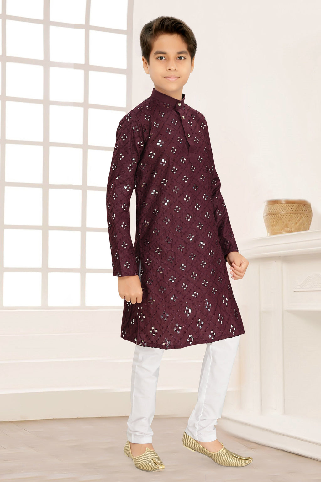 Neera Trendz Wine Cotton Blend Mirror Work Kid's Kurta With Pyjama | Grocsy