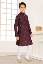 Neera Trendz Wine Cotton Blend Mirror Work Kid's Kurta With Pyjama | Grocsy