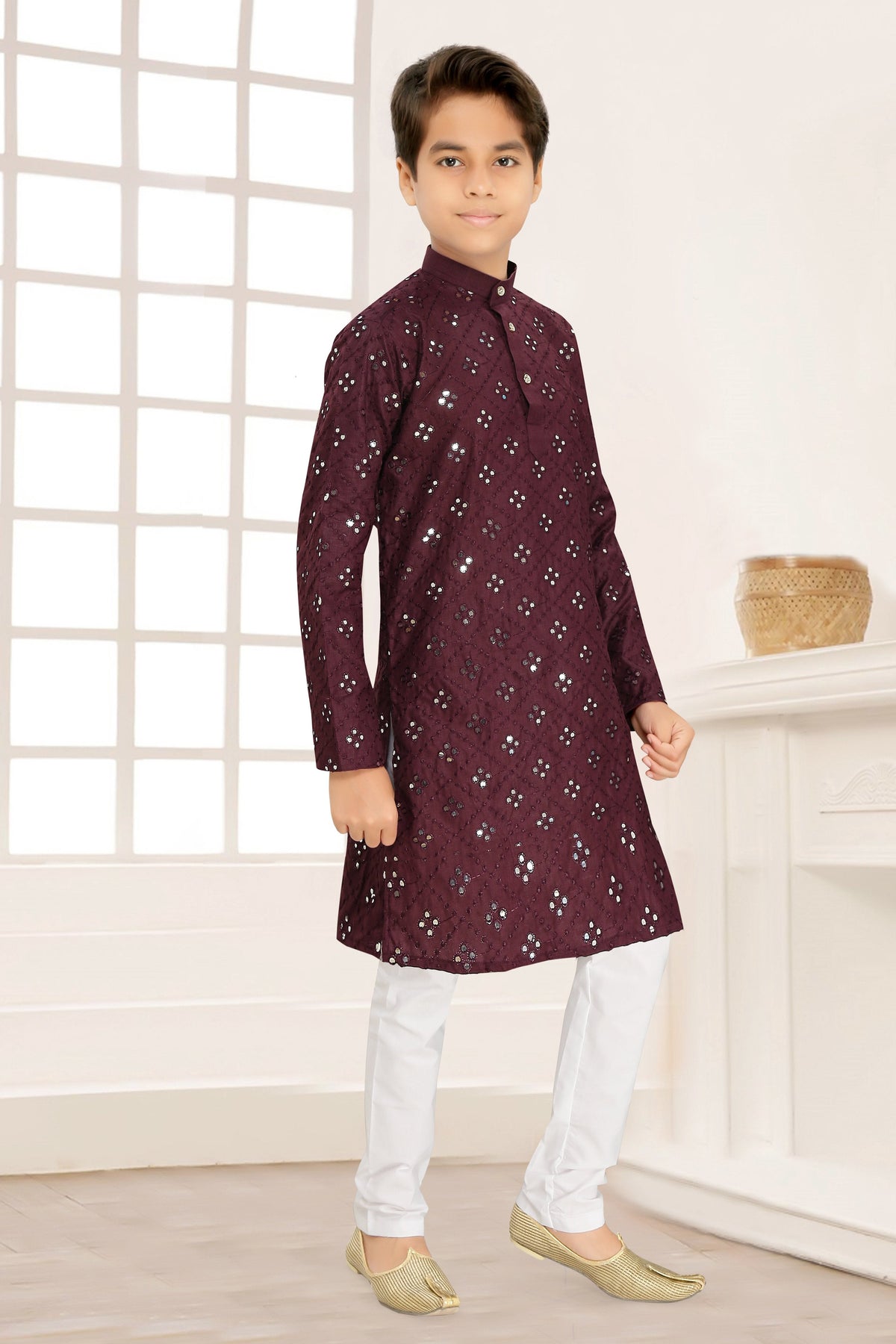 Neera Trendz Wine Cotton Blend Mirror Work Kid's Kurta With Pyjama | Grocsy
