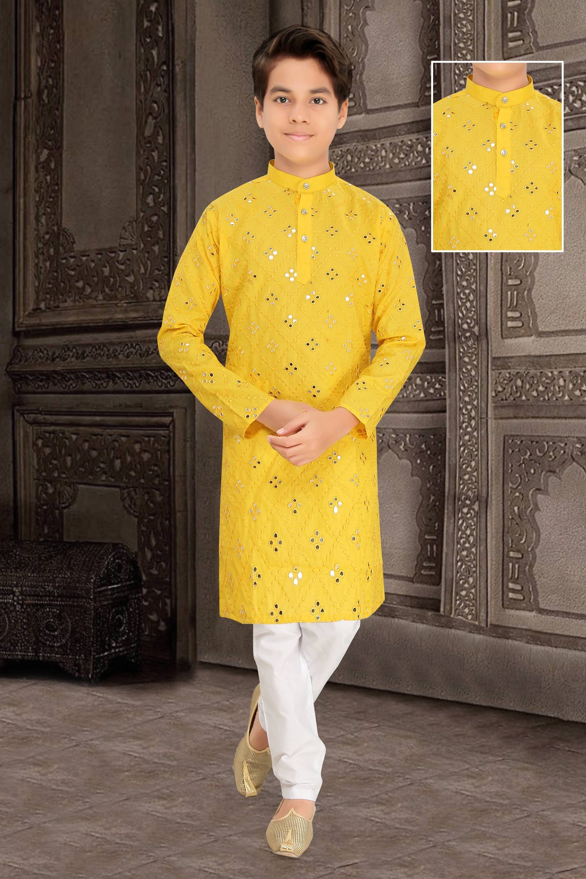 Neera Trendz Yellow Cotton Blend Mirror Work Kid's Kurta With Pyjama | Grocsy