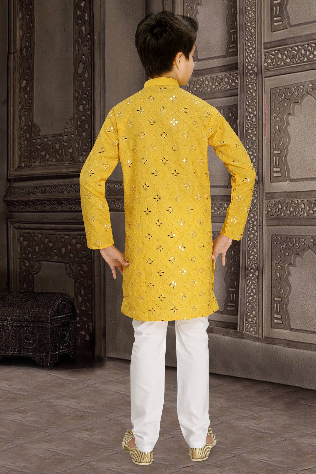 Neera Trendz Yellow Cotton Blend Mirror Work Kid's Kurta With Pyjama | Grocsy