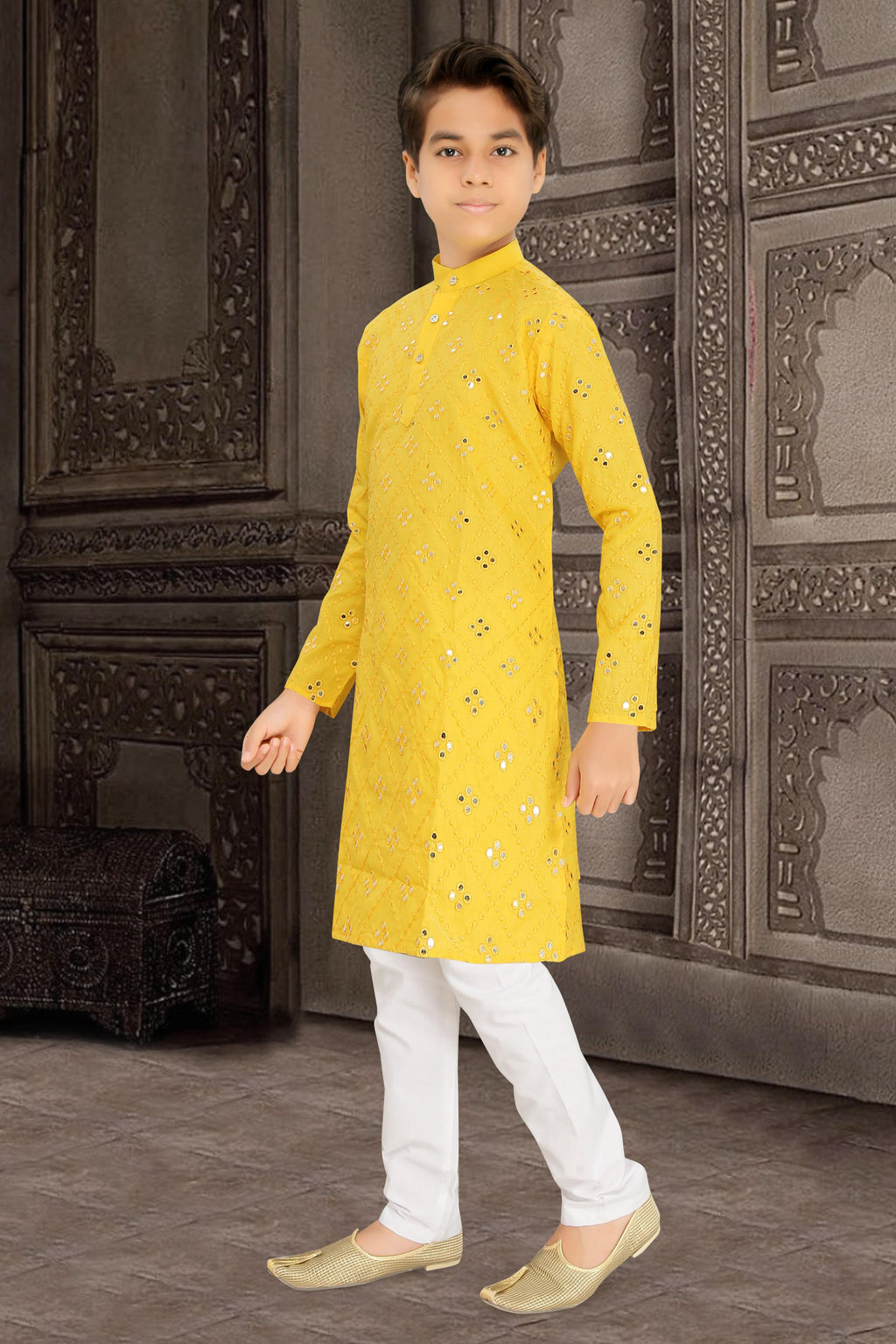 Neera Trendz Yellow Cotton Blend Mirror Work Kid's Kurta With Pyjama | Grocsy