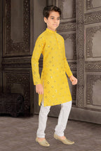 Neera Trendz Yellow Cotton Blend Mirror Work Kid's Kurta With Pyjama | Grocsy