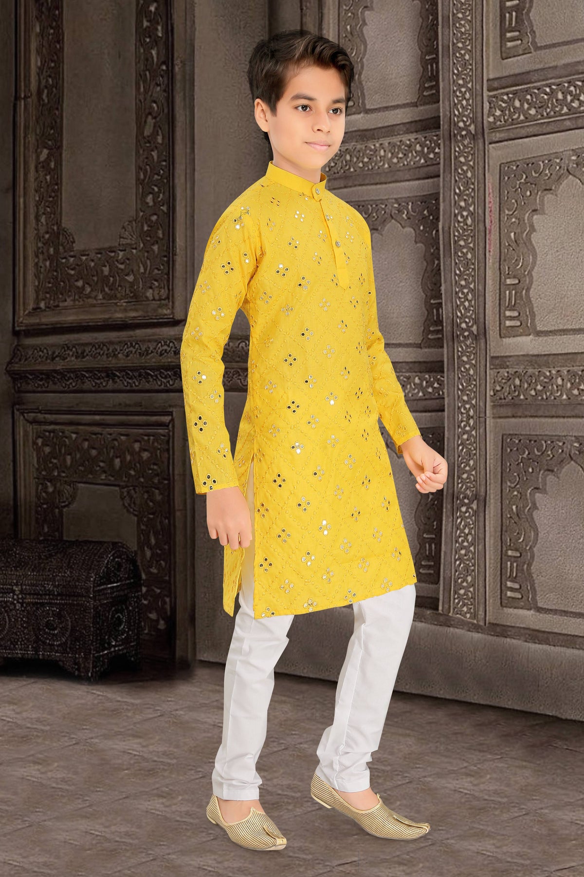 Neera Trendz Yellow Cotton Blend Mirror Work Kid's Kurta With Pyjama | Grocsy
