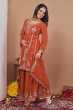 The52 Women's Gorgeous Embroidery Work Fox Georgette Fabric Straight Kurta Sharara and Dupatta Set | Grocsy
