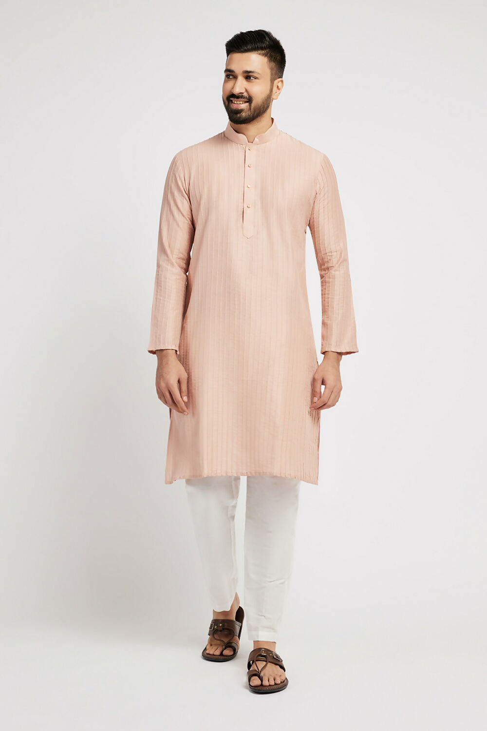 Ethnic India Pink Men's Kurta Striped Polyester | Grocsy