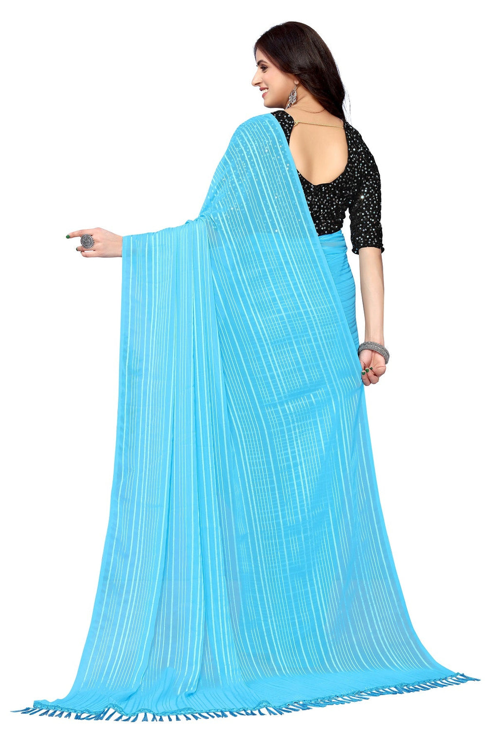 Vamika Georgette Sequence Work Firozi Bollywood Style Saree | Grocsy