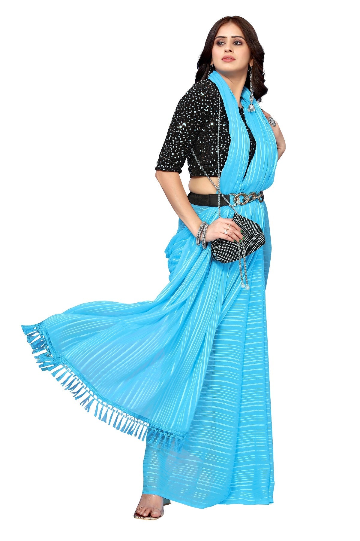Vamika Georgette Sequence Work Firozi Bollywood Style Saree | Grocsy
