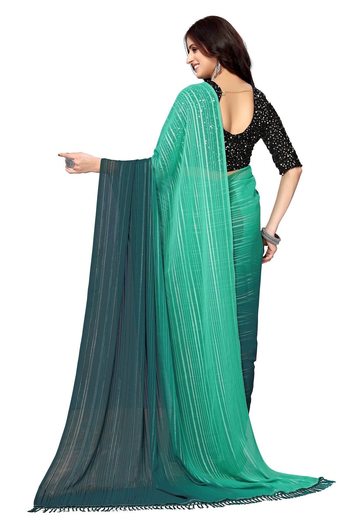 Vamika Georgette Sequence Work Green & Dark Green Bollywood Style Saree | Grocsy