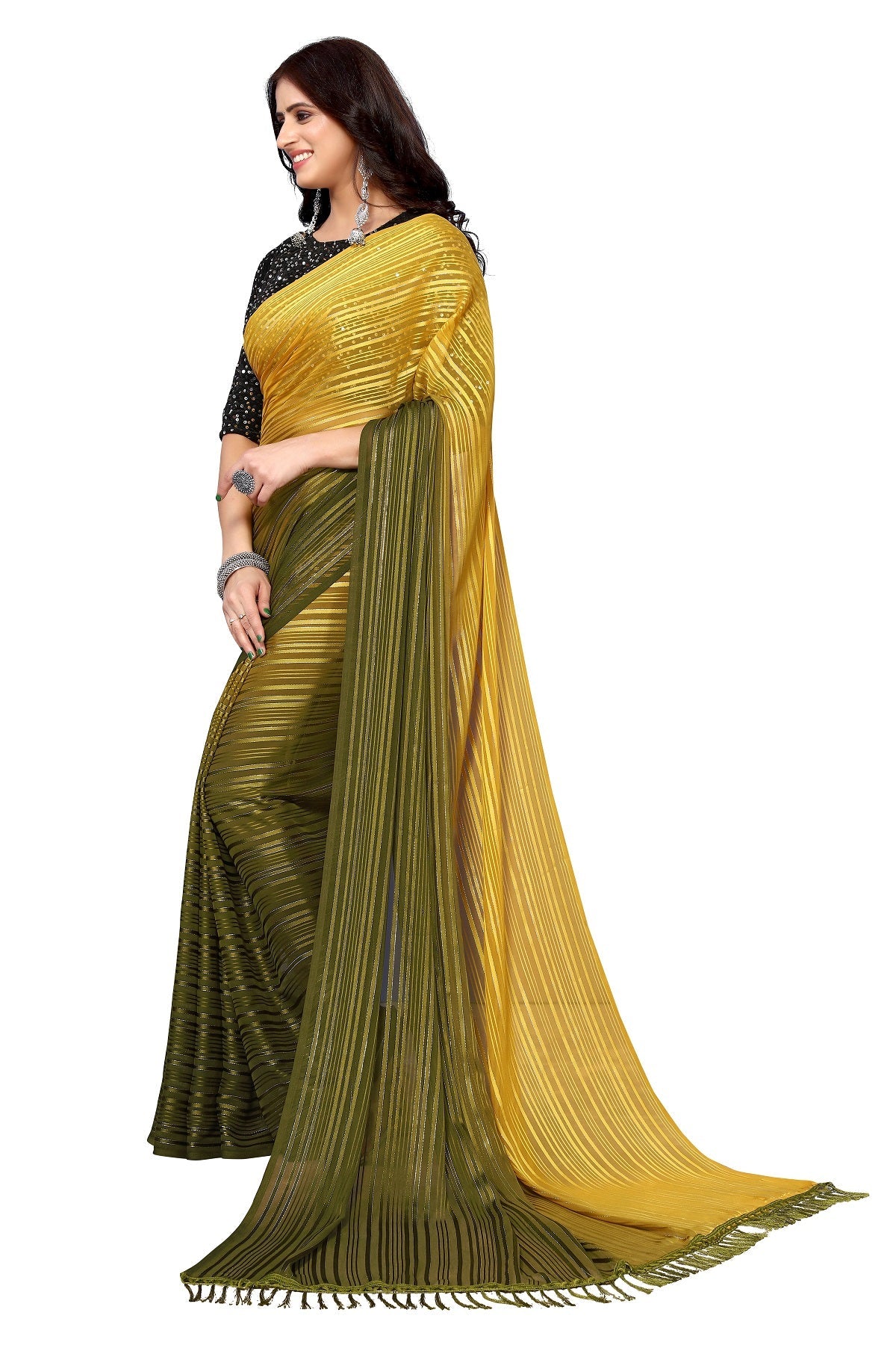 Vamika Georgette Sequence Work Mustard & Mahendi Bollywood Style Saree | Grocsy