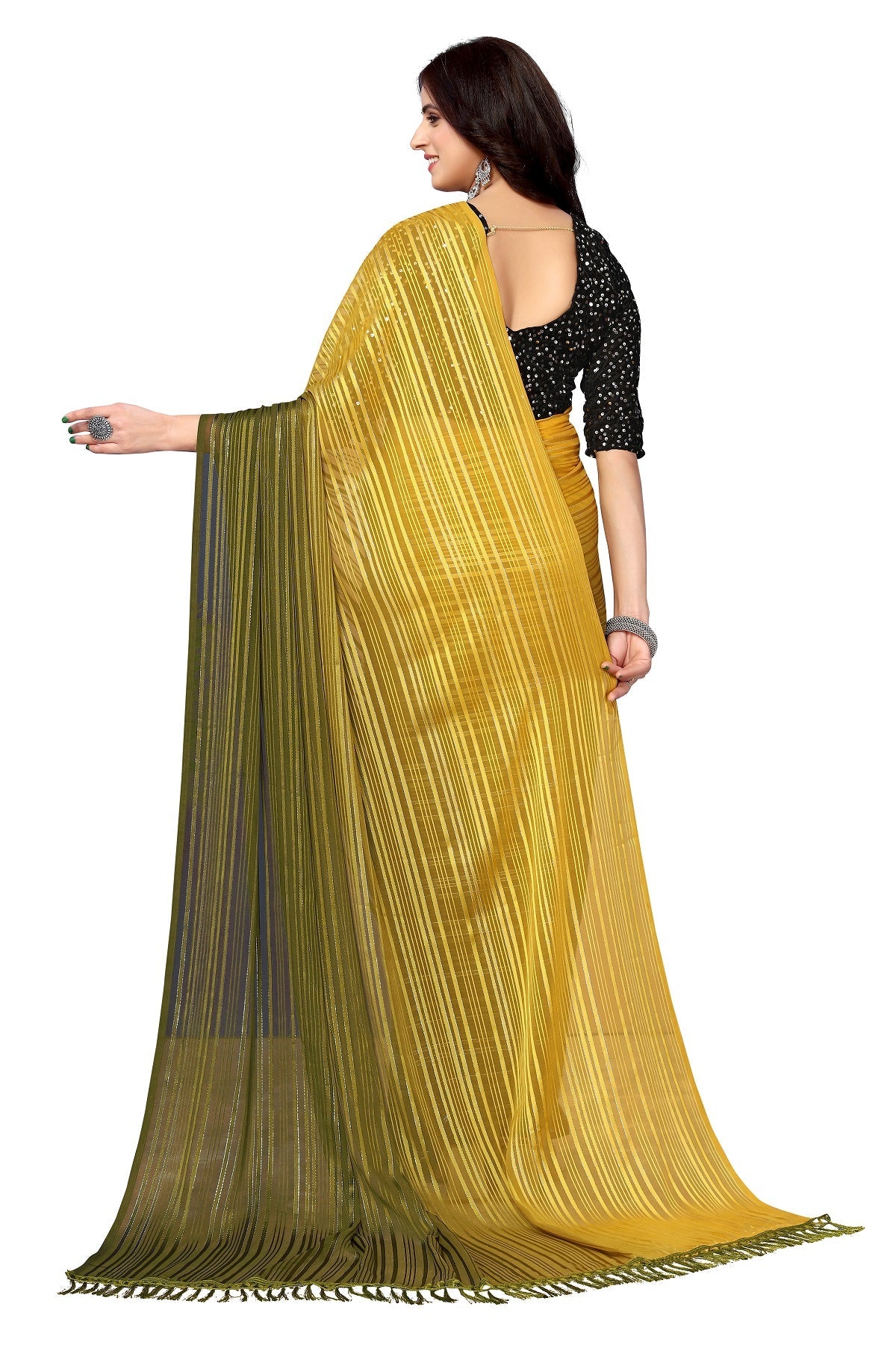 Vamika Georgette Sequence Work Mustard & Mahendi Bollywood Style Saree | Grocsy