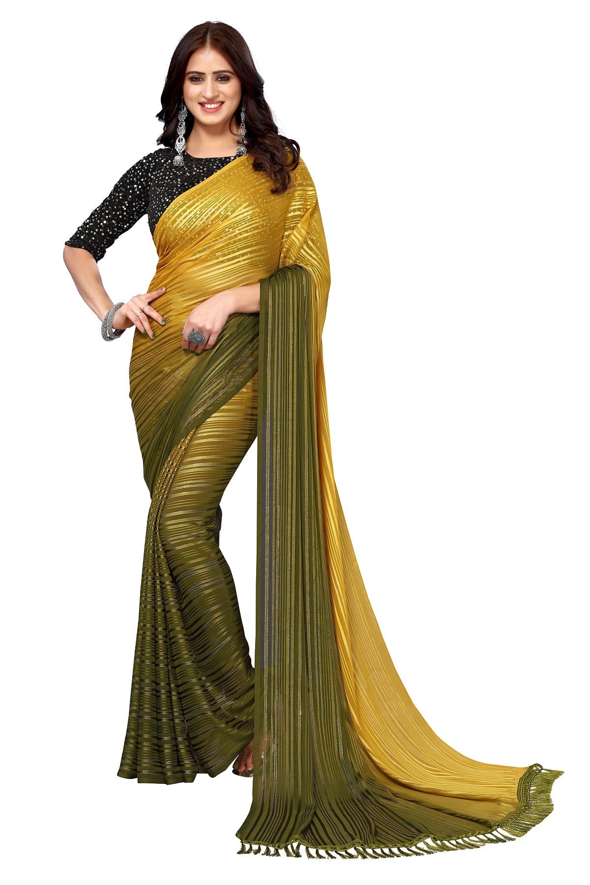 Vamika Georgette Sequence Work Mustard & Mahendi Bollywood Style Saree | Grocsy