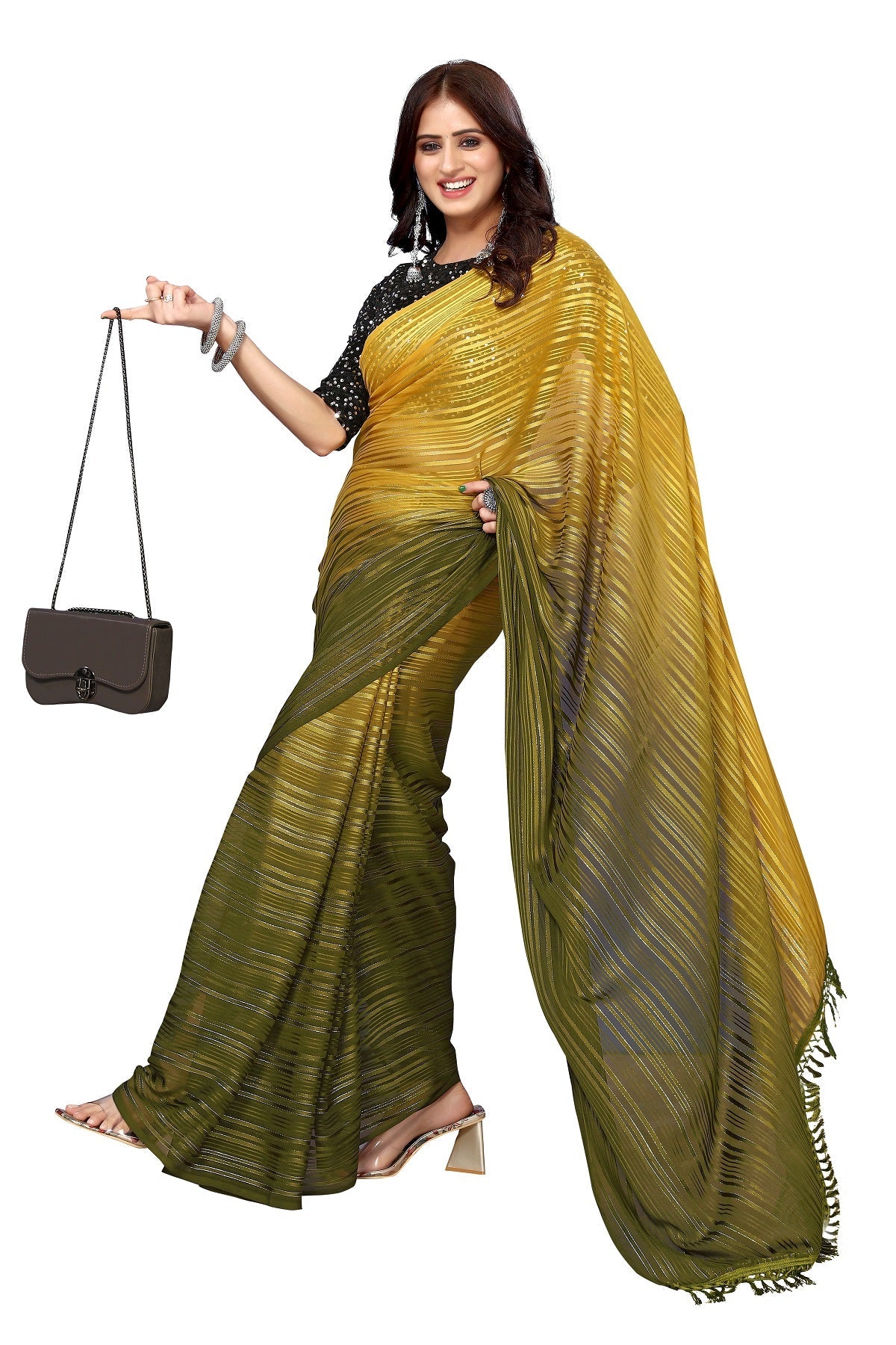 Vamika Georgette Sequence Work Mustard & Mahendi Bollywood Style Saree | Grocsy
