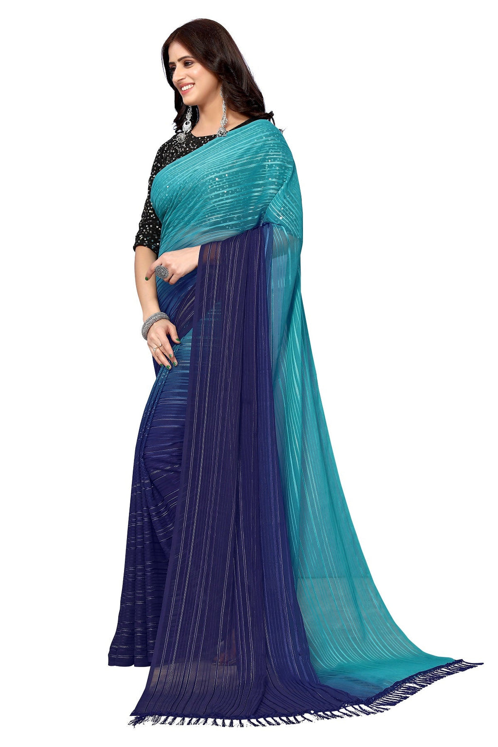 Vamika Georgette Sequence Work Rama & Blue Bollywood Style Saree | Grocsy