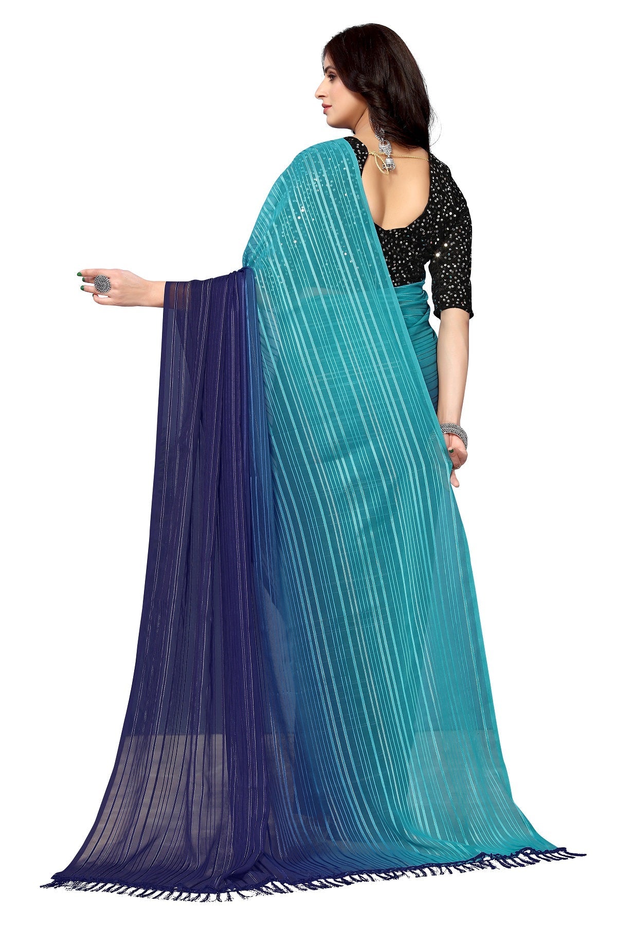 Vamika Georgette Sequence Work Rama & Blue Bollywood Style Saree | Grocsy