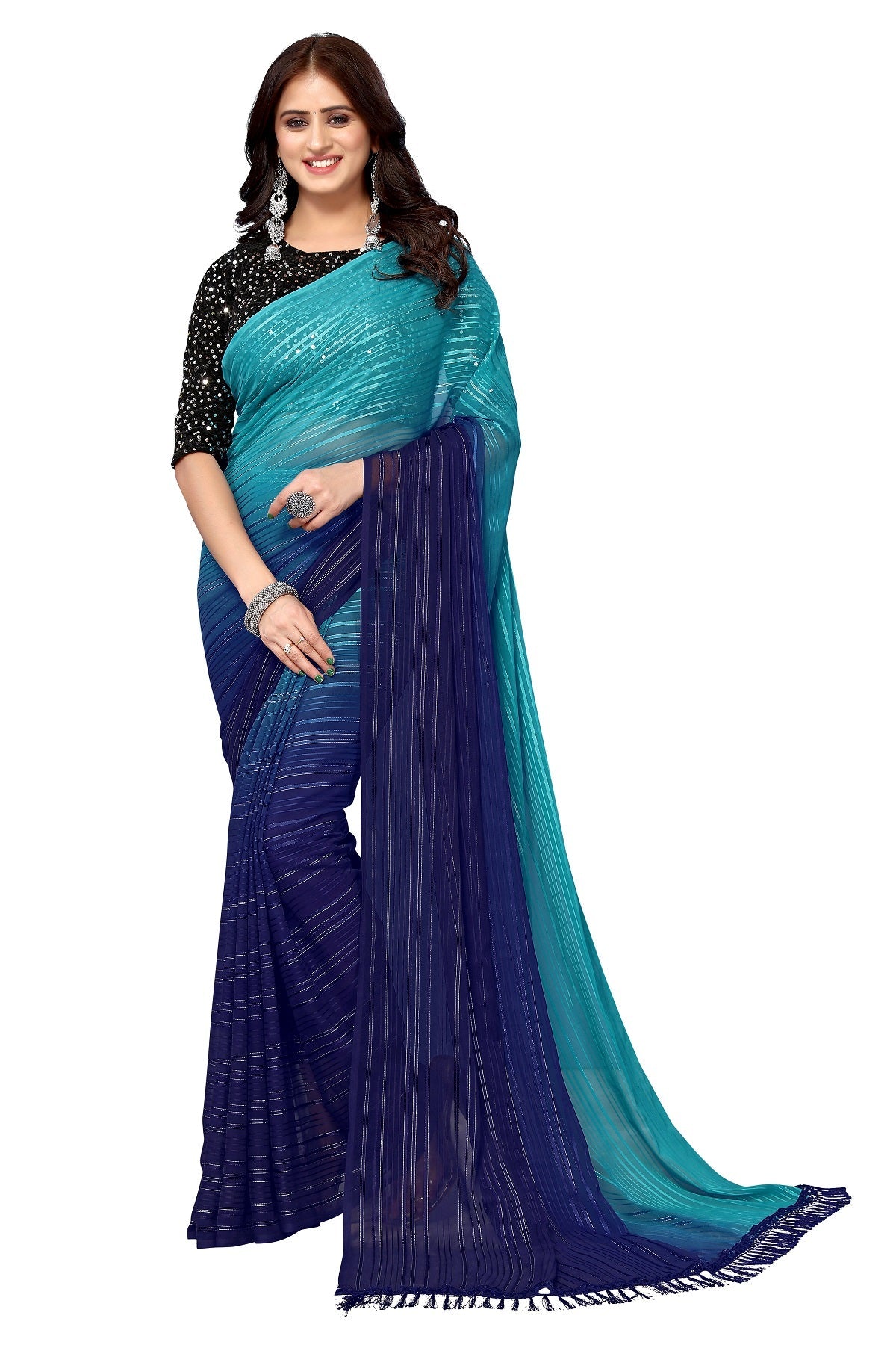 Vamika Georgette Sequence Work Rama & Blue Bollywood Style Saree | Grocsy