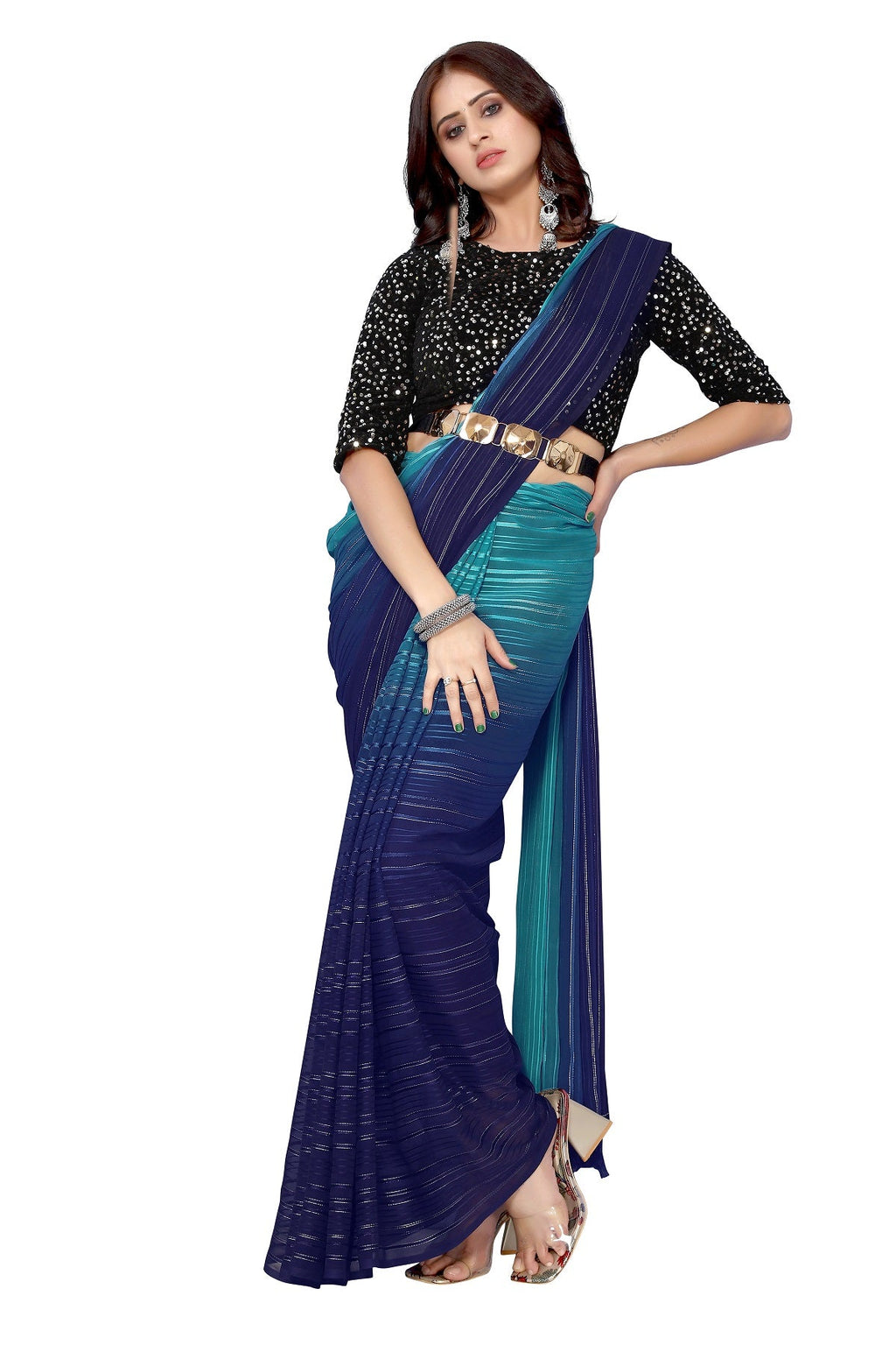 Vamika Georgette Sequence Work Rama & Blue Bollywood Style Saree | Grocsy