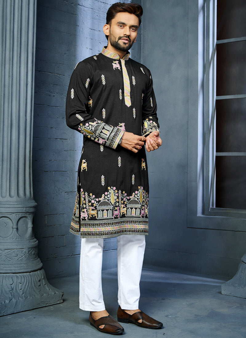 Prazu Fashion Black Soft Silk Multi Thread Embroidery Deer Pattern Daaman Concept Kurta | Grocsy