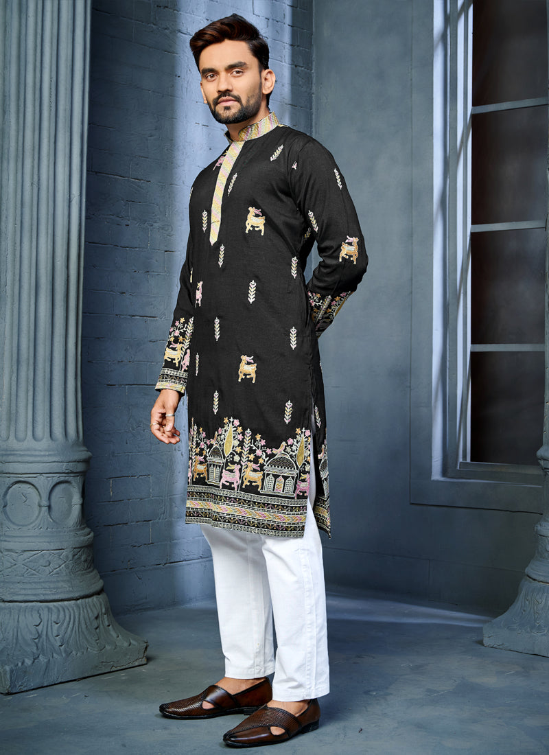 Prazu Fashion Black Soft Silk Multi Thread Embroidery Deer Pattern Daaman Concept Kurta | Grocsy