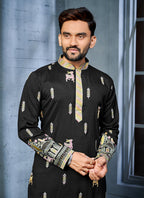 Prazu Fashion Black Soft Silk Multi Thread Embroidery Deer Pattern Daaman Concept Kurta | Grocsy