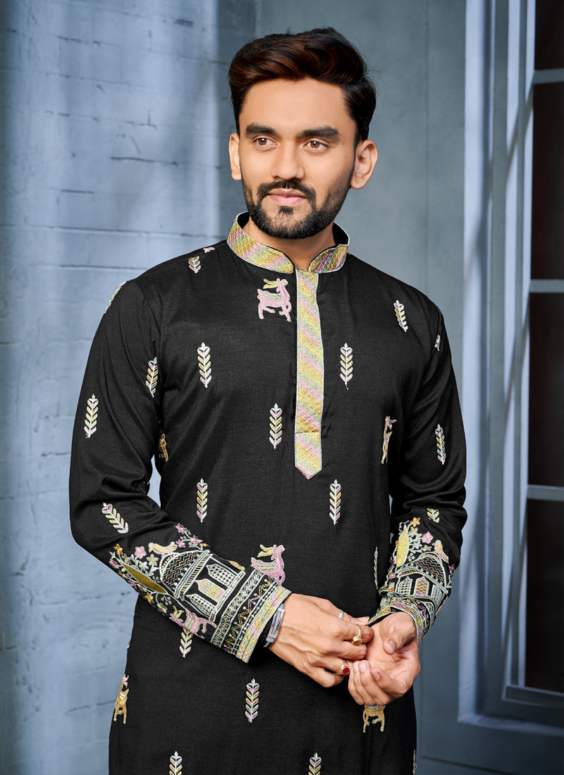 Prazu Fashion Black Soft Silk Multi Thread Embroidery Deer Pattern Daaman Concept Kurta | Grocsy