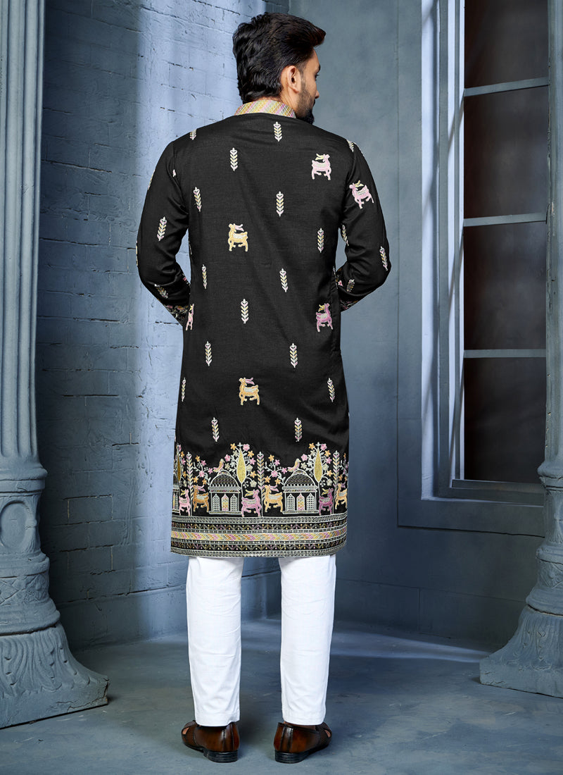 Prazu Fashion Black Soft Silk Multi Thread Embroidery Deer Pattern Daaman Concept Kurta | Grocsy