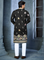 Prazu Fashion Black Soft Silk Multi Thread Embroidery Deer Pattern Daaman Concept Kurta | Grocsy