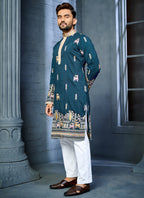 Prazu Fashion Blue Soft Silk Multi Thread Embroidery Deer Pattern Daaman Concept Kurta | Grocsy