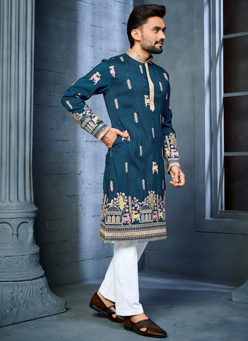 Prazu Fashion Blue Soft Silk Multi Thread Embroidery Deer Pattern Daaman Concept Kurta | Grocsy