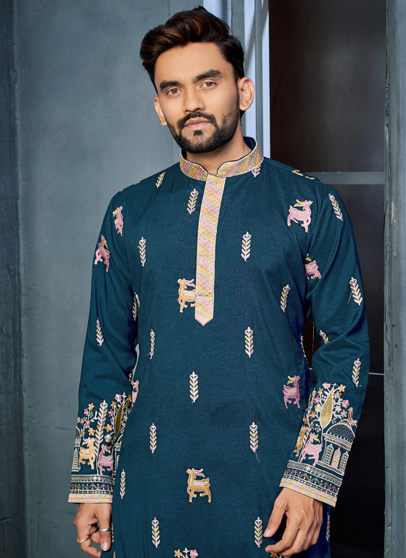 Prazu Fashion Blue Soft Silk Multi Thread Embroidery Deer Pattern Daaman Concept Kurta | Grocsy