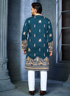 Prazu Fashion Blue Soft Silk Multi Thread Embroidery Deer Pattern Daaman Concept Kurta | Grocsy