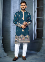 Prazu Fashion Blue Soft Silk Multi Thread Embroidery Deer Pattern Daaman Concept Kurta | Grocsy