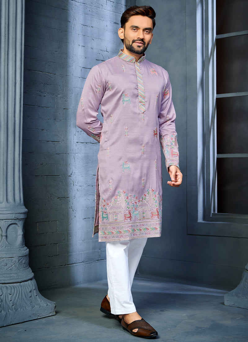 Prazu Fashion Lavender Soft Silk Multi Thread Embroidery Deer Pattern Daaman Concept Kurta | Grocsy