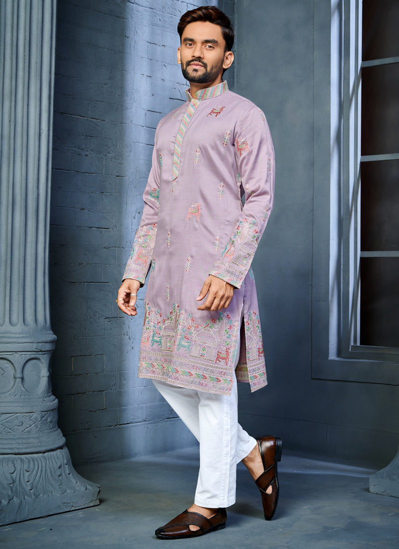 Prazu Fashion Lavender Soft Silk Multi Thread Embroidery Deer Pattern Daaman Concept Kurta | Grocsy