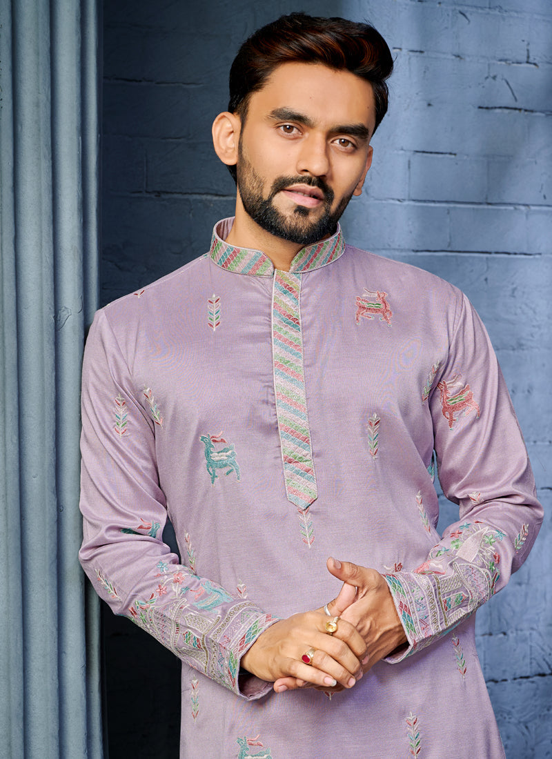 Prazu Fashion Lavender Soft Silk Multi Thread Embroidery Deer Pattern Daaman Concept Kurta | Grocsy