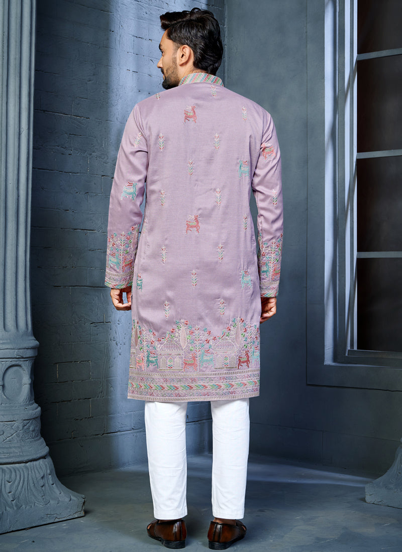 Prazu Fashion Lavender Soft Silk Multi Thread Embroidery Deer Pattern Daaman Concept Kurta | Grocsy