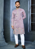 Prazu Fashion Lavender Soft Silk Multi Thread Embroidery Deer Pattern Daaman Concept Kurta | Grocsy