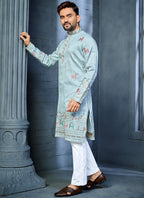 Prazu Fashion Light Sky Blue Soft Silk Multi Thread Embroidery Deer Pattern Daaman Concept Kurta | Grocsy