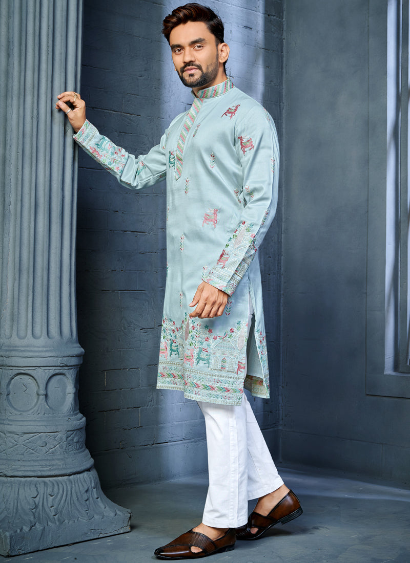 Prazu Fashion Light Sky Blue Soft Silk Multi Thread Embroidery Deer Pattern Daaman Concept Kurta | Grocsy