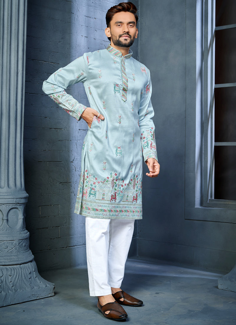Prazu Fashion Light Sky Blue Soft Silk Multi Thread Embroidery Deer Pattern Daaman Concept Kurta | Grocsy